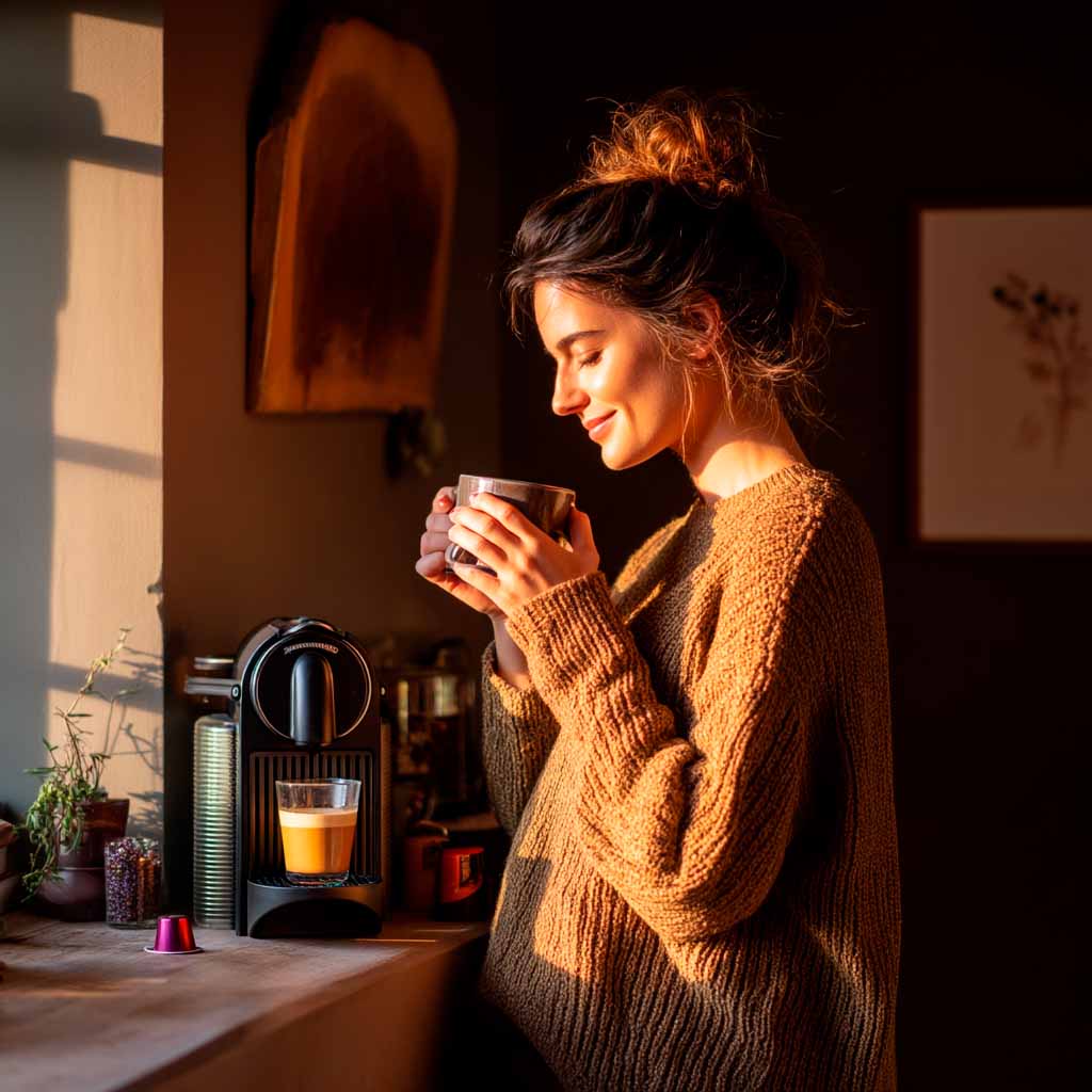 Mujer disfrutando café con Nespresso